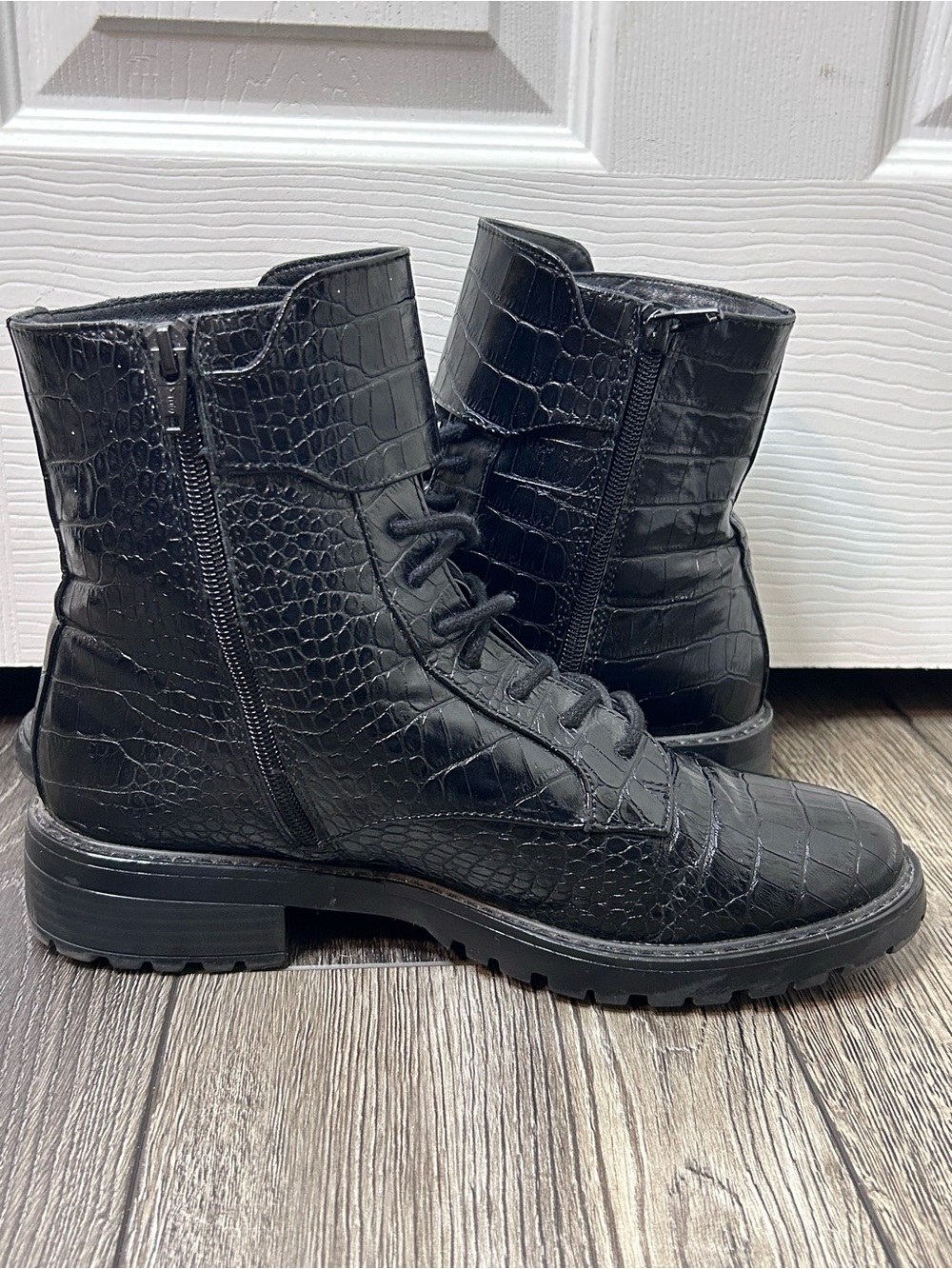 Black Croc Embossed Combat Boots Buckle Lace Up Ankle Boots Size 10 - Picture 5 of 12